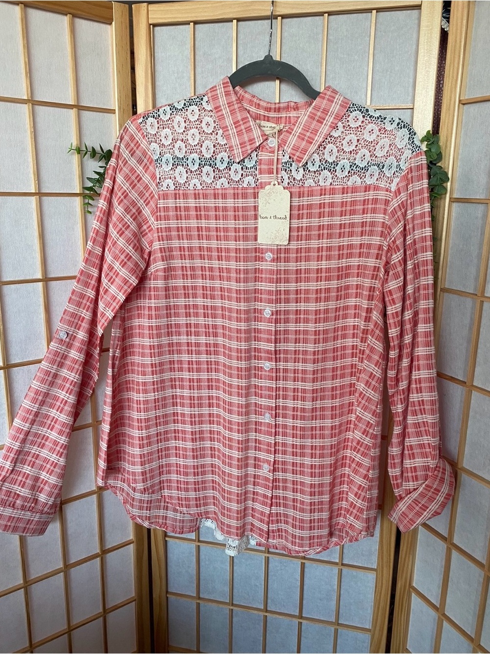 Lace Yoke Plaid Button-Down Shirt - Coral Red